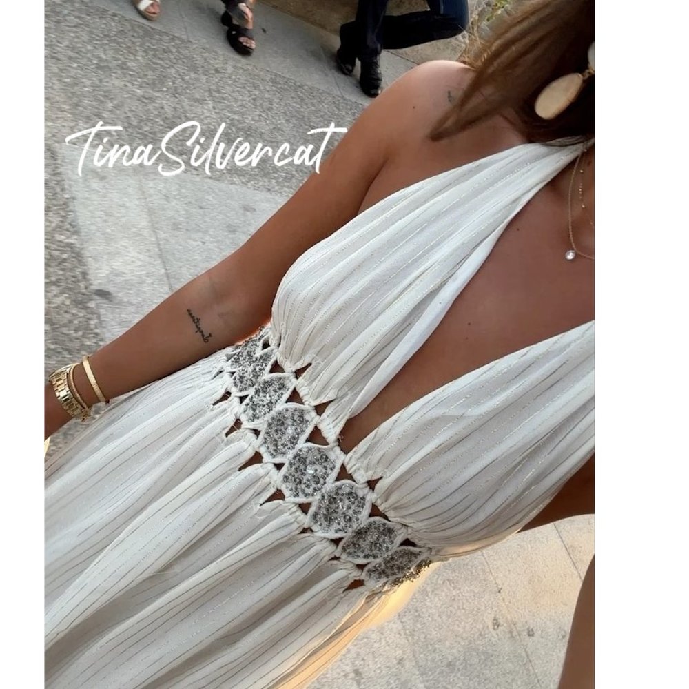 Zara White Cream Rhinestone Midi Dress NWT - Picture 9 of 16